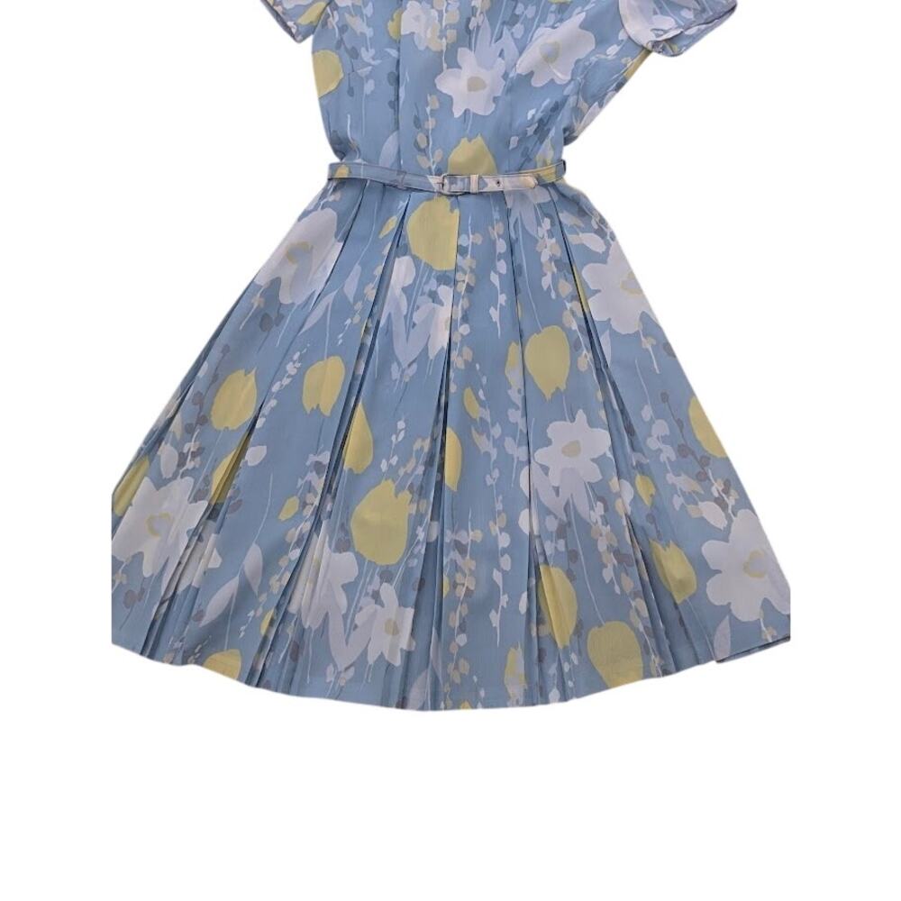 Vintage 50s Floral Pleated Day Dress Belted Cottagecore Blue Toni Todd 10 - Picture 3 of 7